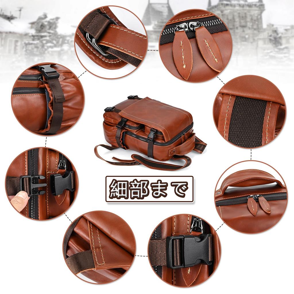 wifreo Genuine Leather Backpack for Men, Large Capacity, A4 Size, Fits 14-inch Laptop, Leather Backpack for Commuting, School, Business, Student,