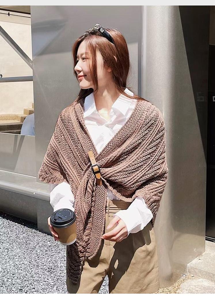 Women S Knitted Triangular Scarf With Buckle Dual Use As Shawl And Neck Warmer