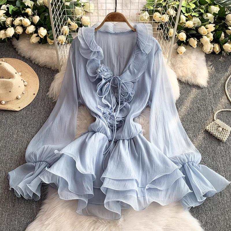 3D Floral Beach Short Dress Female Long Sleeves Lace Up Ruffle Chiffon Cake Sundress Sheer Sexy Vintage Bohemian Dress