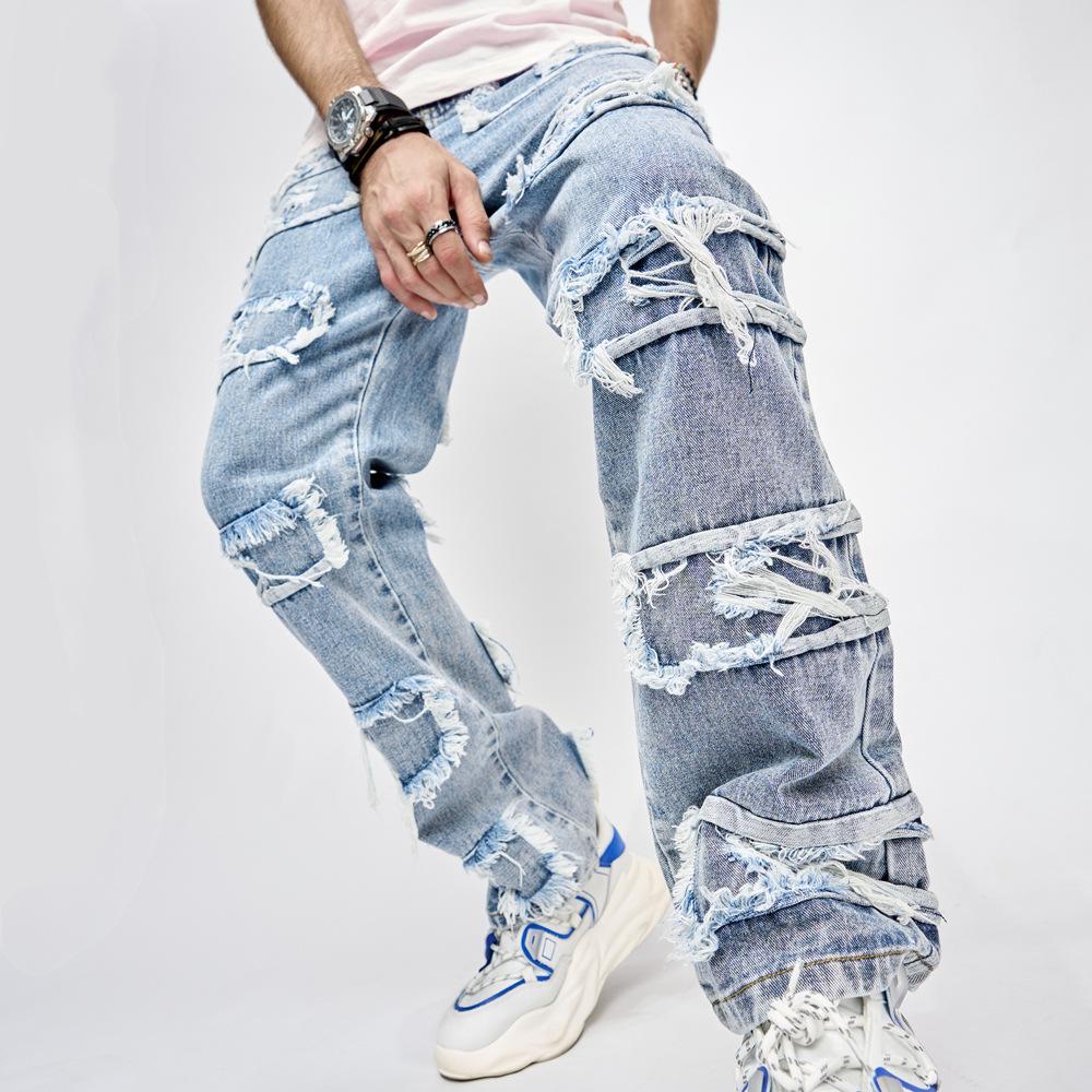 New retro casual bionic denim men's American trend loose trousers high street wide-leg trousers