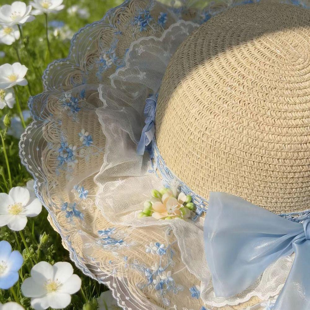 Fashion Floral Design Woman's Straw Hat Elegant INS Lace Brim Sunshade Cap Wide Brim Breathable Outdoor Beach Hat Summer Season