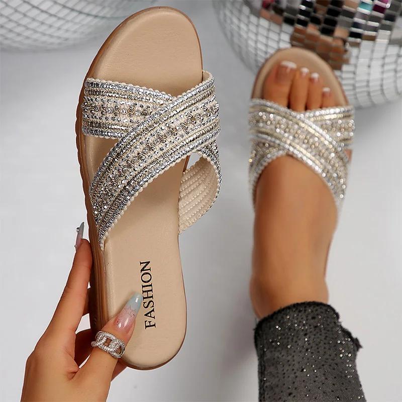 

Fashion Shiny Crystal Wedges Sandals for Women Plus Size Cross Band Platform Party Slippers Woman 2025 Summer Thick Sole Non Slip Shoes 41 бежевый