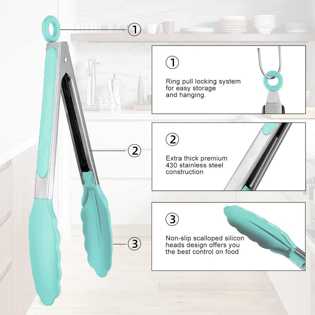 Silicone Non-SlipTongs for Cooking, 430 Steel Table Tongs for Kitchen Salad, Pasta, Grilling, BBQ, Heat Resistant Tip, Strong Grip for Meat Sky Blue
