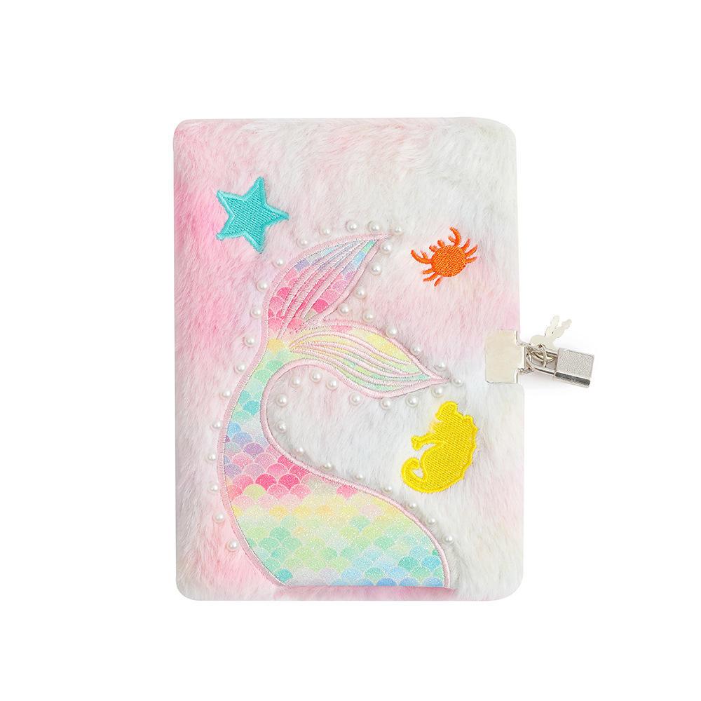 SYC Plush Mermaid Fluffy Paper Cover Notebooks Kids Custom Diary with Padlock for Children Journal Set 80 Sheets