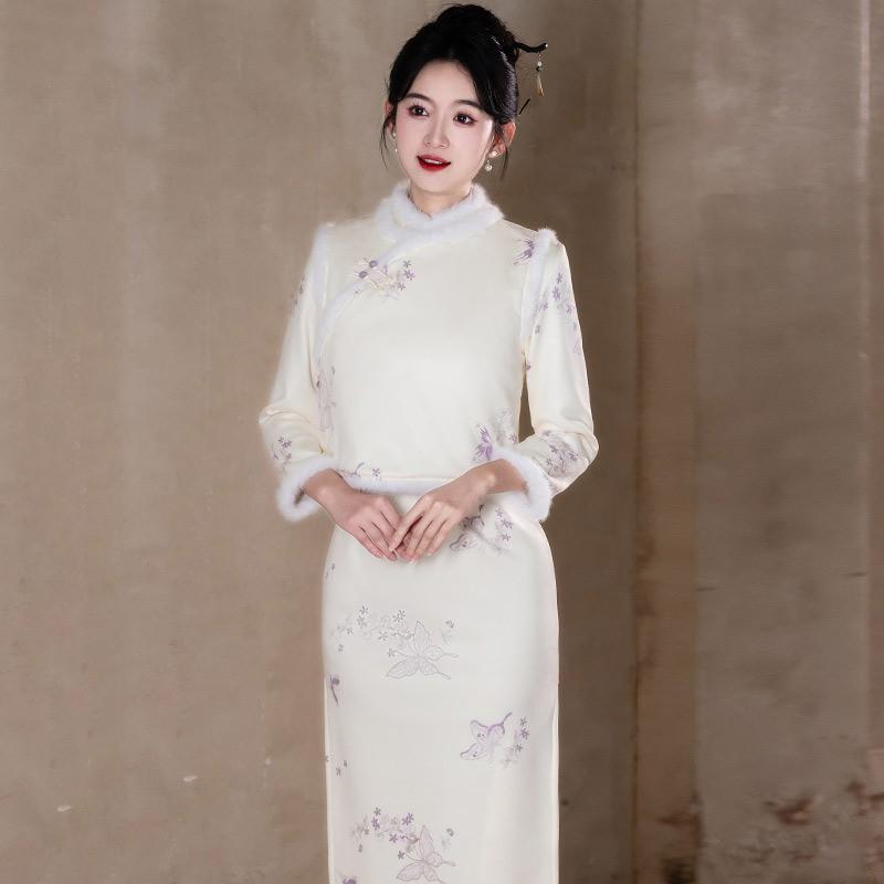Womens Winter Warm Thickened Cheongsam-Style Long Sleeve Top Vest Set Retro Velvet Fleece Lined
