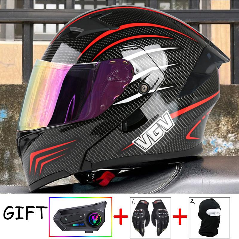 VGV Double Lens flip up helmet Openable motorcycle helmet come with wireless headset gloves headgear Value Promotional Packages
