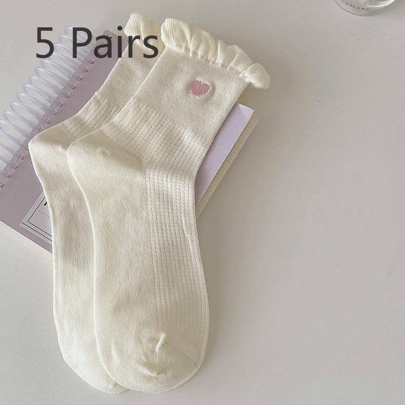 5 Pairs of Female Spring and Summer Breathable Lovely Embroidered Love Lace Bubble Mouth Tube Socks