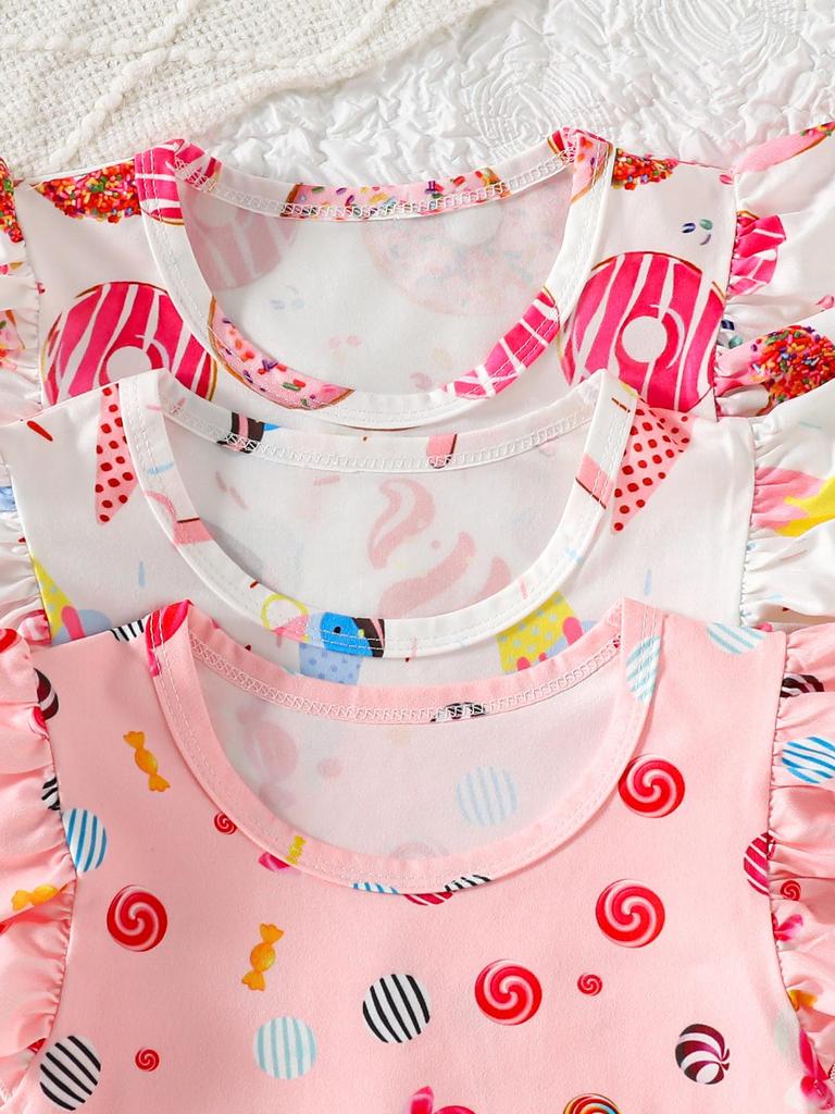 3pcs Young Girl's Casual and Cute Dessert Series Ice Cream & Candy & Donut Bread All-over Print Round Neck Short Sleeve Dress Spring/Summer
