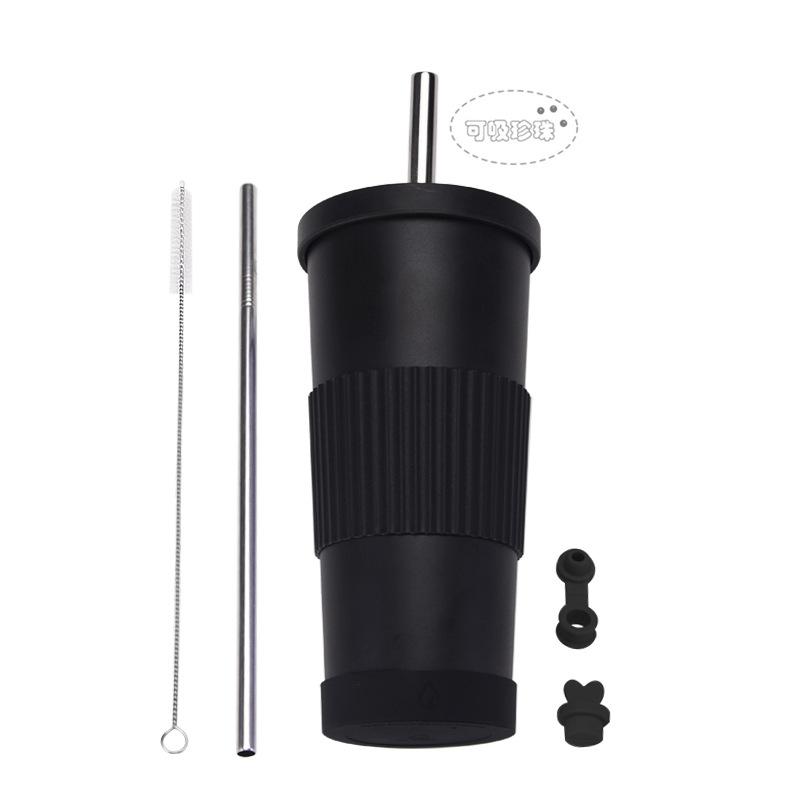 710Ml Bubble Tea Cup Non-Slip Double-Layer Stainless Steel Straw Cup Multi-Color Straw Thermal Insulation Water Cup