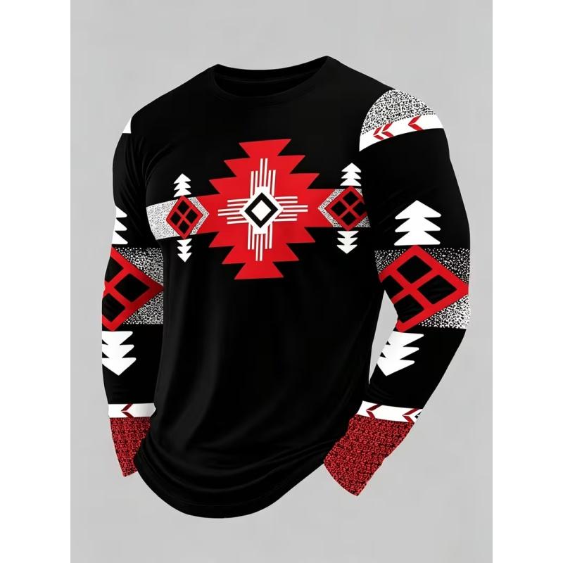 Men's Casual Autumn and Winter Printed Long-sleeved Crew Neck T-shirt