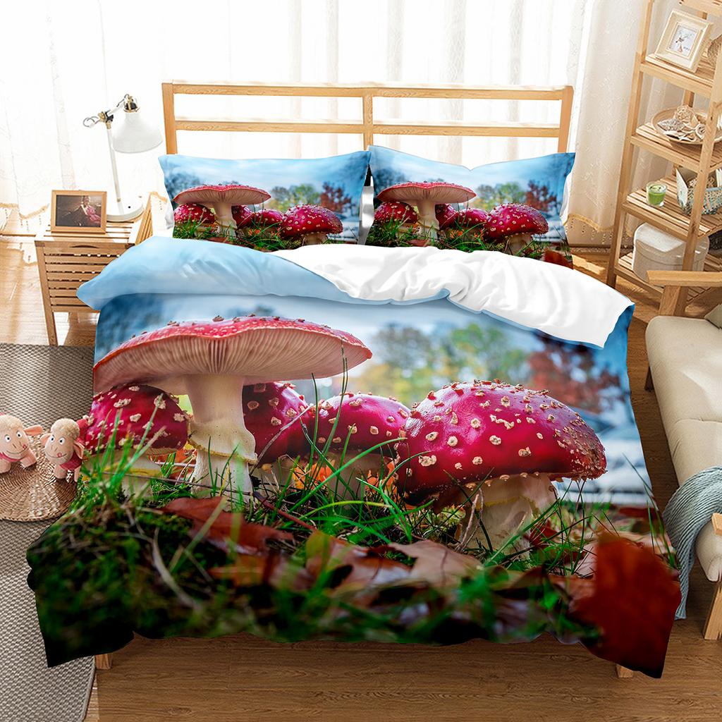 Cute Mushroom Duvet Cover Wild Fungus Botanical Bedding Set Twin Queen Rustic Farmhouse Comforter Cover For Girls Teens Bedroom