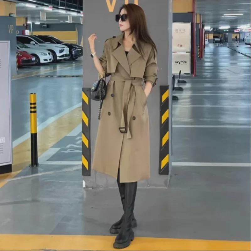 Women's British Style Double-Breasted Knee-Length Trench Coat for Spring & Autumn 2024