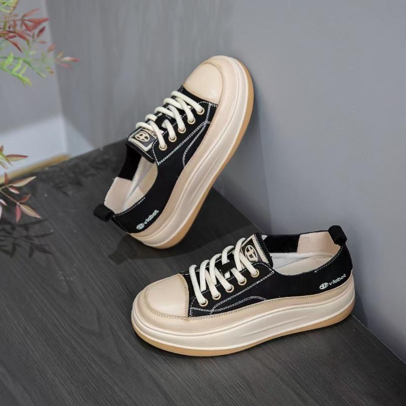 

Little white shoes women s first layer cowhide spring new retro casual shoes lace-up thick-soled lightweight lace-up board shoes 35 чёрный