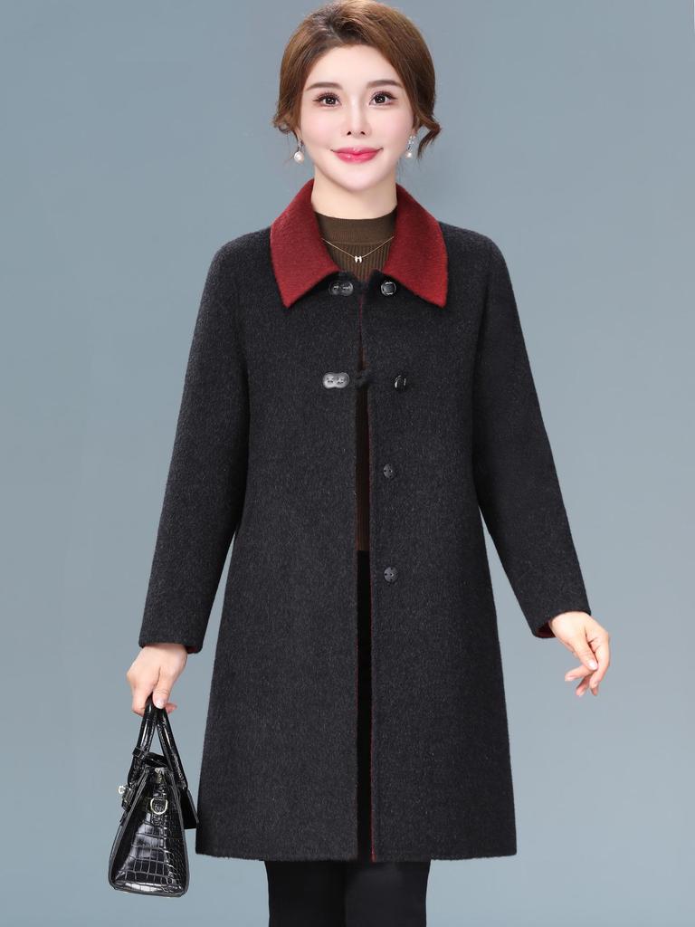 Autumn/Winter Double-Faced Cashmere Coat for Middle-Aged Women, Mid-Length Woolen Top