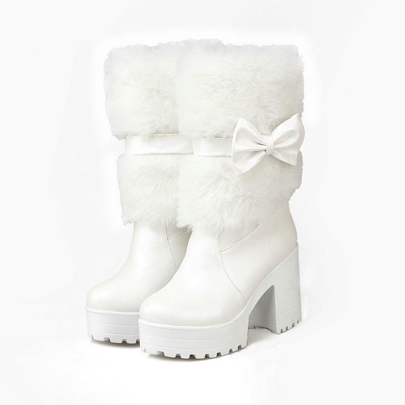 Vinter Nya Höga Klackar Snökängor Lolita Söt Rosett Dam Varma Snökängor Flickor Student Fluffiga Kawaii Mellanvader Dammodekängor