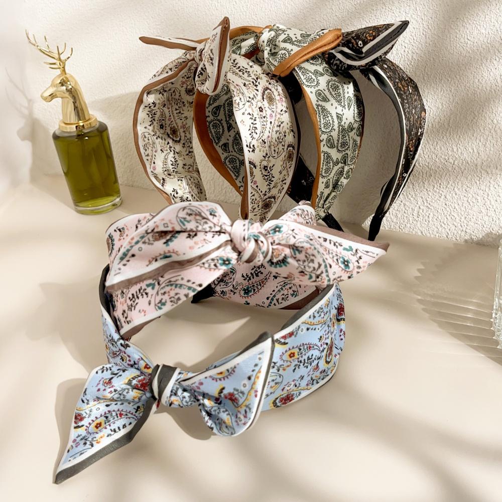 Retro Bohemian Bandanna Bow Rabbit Ear Headband for Women Floral Paisley Wide Hoop Turban Hair Band Hair Styling Accessories
