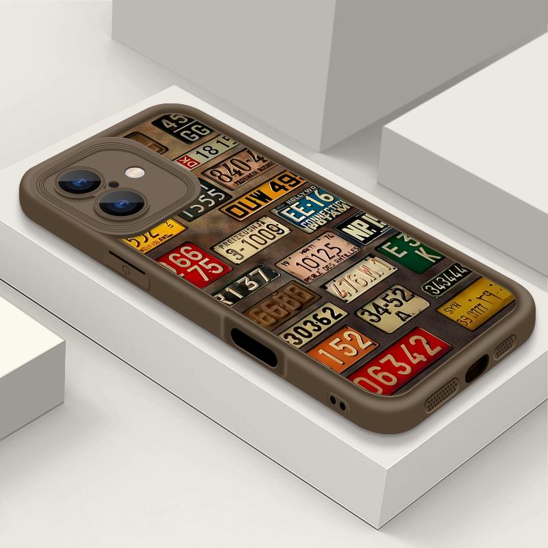 

Матовый чехол из ТПУ с винтажным принтом номерного знака для iPhone 16 Pro Max 15 Pro 14 13 12 11 XS XR, защита объектива, противоударный мягкий силиконовый чехол для телефона iPhone 16 Pro кофейный