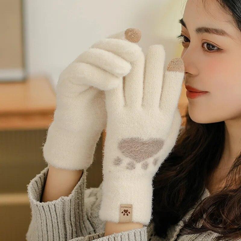 Fashion Cat Paw Printing Gloves Mobile Phone Touchscreen Knitted Gloves Winter Thick & Warm Adult Soft Fluffy Gloves Men's Women