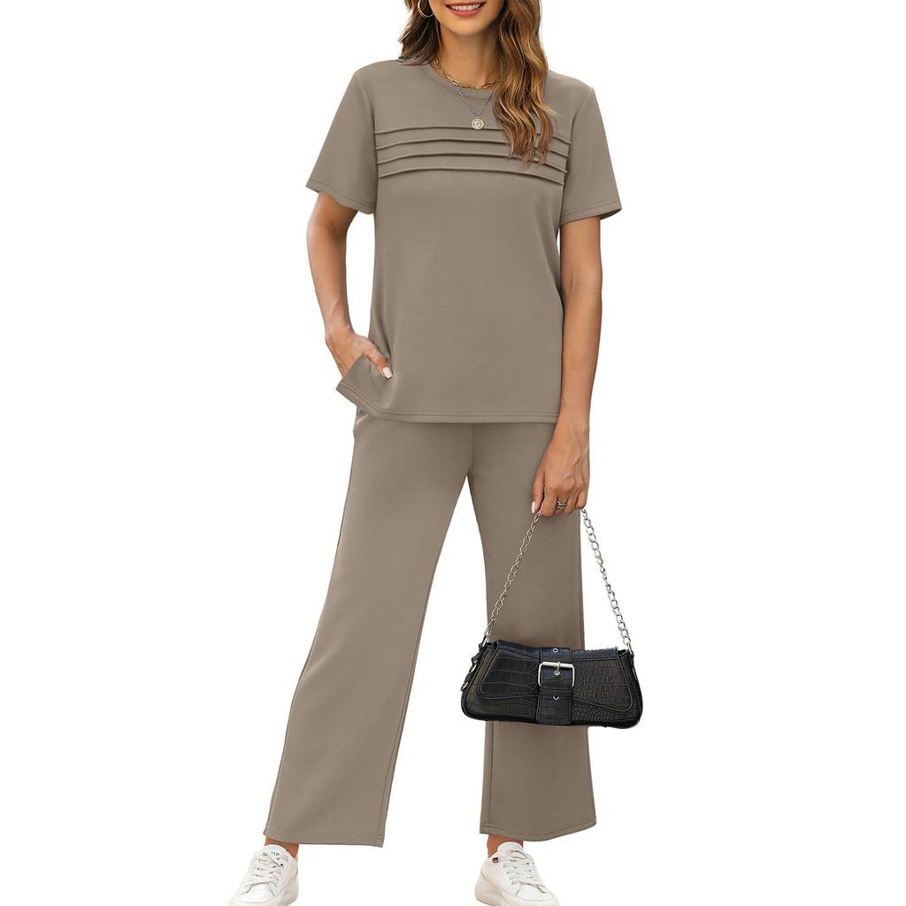 Women's Fashion Color Round Neck Short Sleeved Pleated Top With Drawstring Pockets Casual Pants Sports Two,piece Set