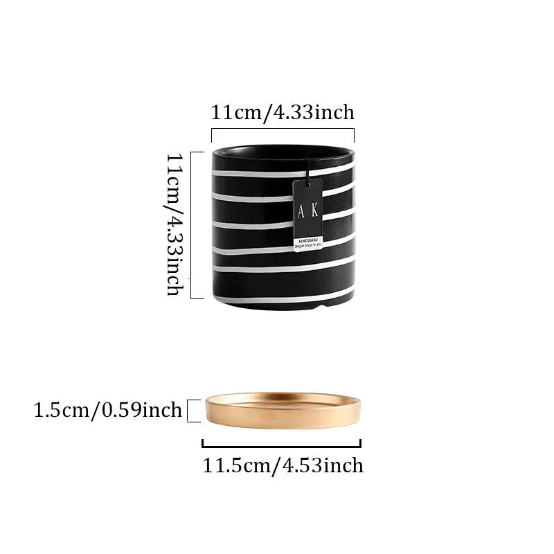 Скандинавский черно-белый полосатый керамический цветочный горшок с поддоном Круглый настольный контейнер для цветочной композиции Домашние украшения