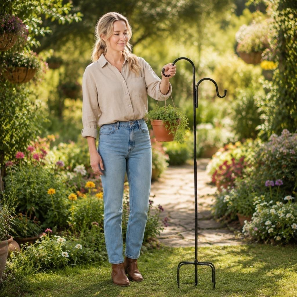 Metal Shepherd Hook Double Hook Garden Stake Outdoor Hanging Plant Holder Stand for Yard Patio Lawn Decoration