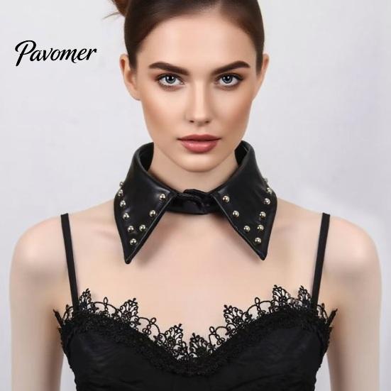 Stylish Pointed Lapel Collar Punk Style PU Leather Fake Collar, Detachable Studded for Women, Rock Faux Rivet Choker Necklace, Adjustable Cool