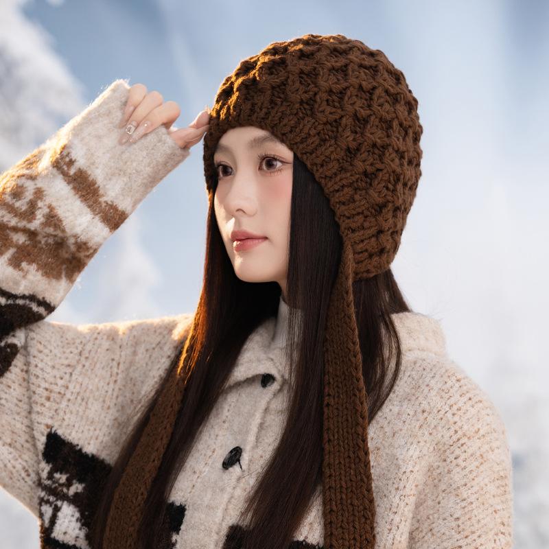 Hat for Women In Autumn and Winter Retro Rough Twill Handmade Knitted Hat Outdoor Cold Warm Hat Versatile Casual Pullover Hat Korean