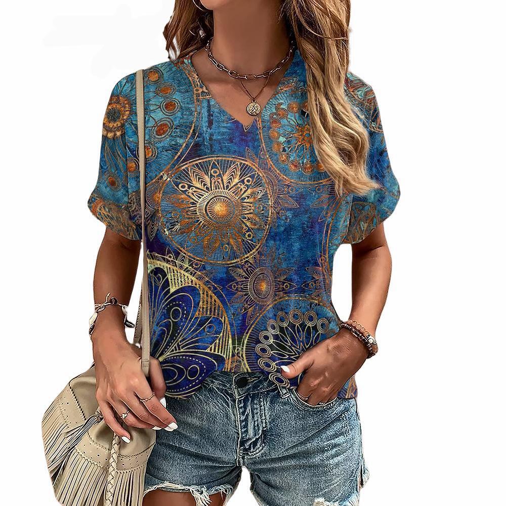 Bohemian Pattern 3D Printed T-shirt for Women's Summer V-neck Short