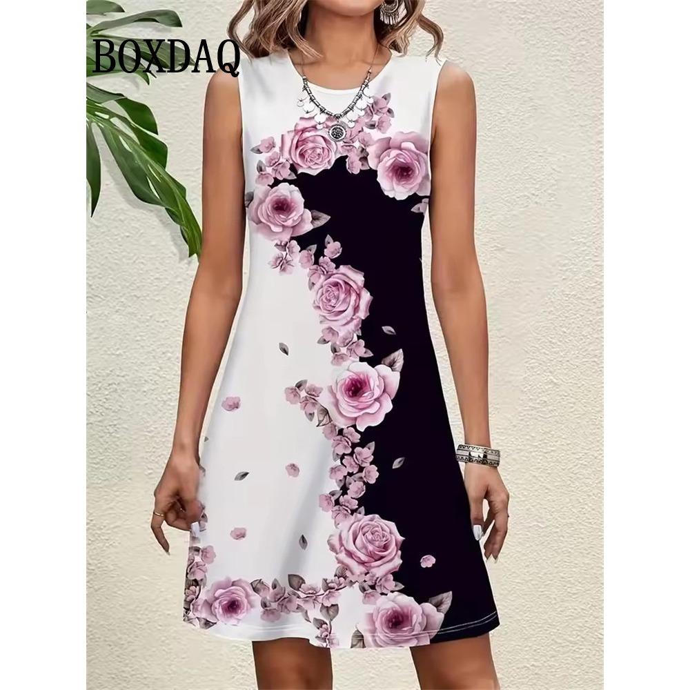 Sommer Retro Pflanzenblumen Druck Kleid Damen Rundhals Ärmellos Weste Kleid Lässig Urlaub Strand Locker Sommerkleid Damenkleid