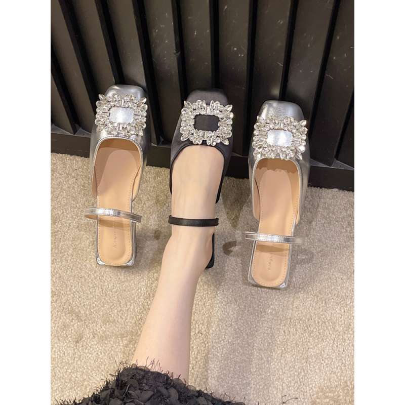 French thick heel bag head slippers fairy shoes 2025 new summer square head rhinestone Mary Jane shoes