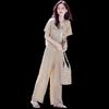 Shangjing Literary Style Pocket Blouse & Wide-Leg Pants Set
