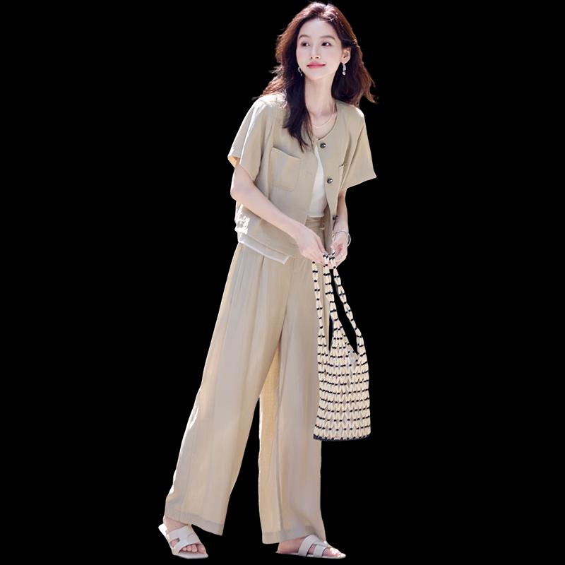 Shangjing Literary Style Pocket Blouse & Wide-Leg Pants Set