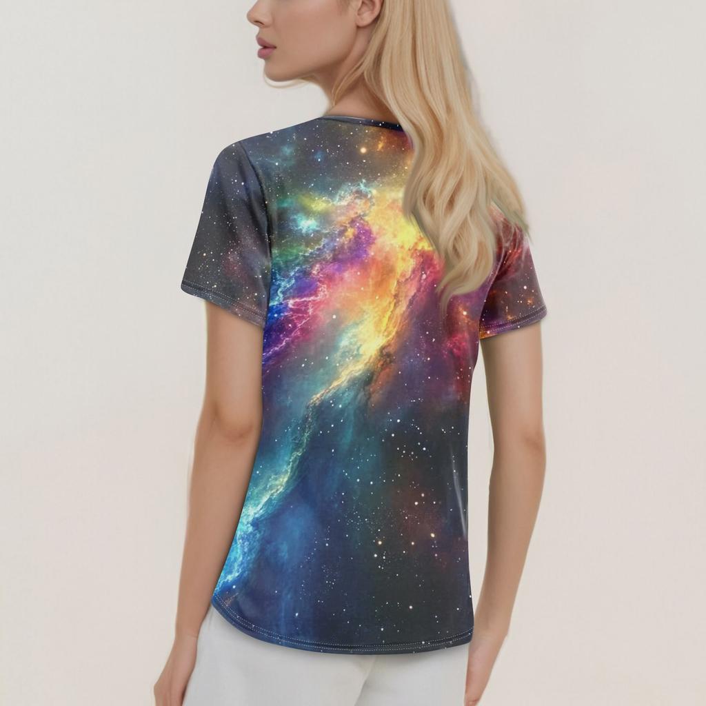 Modische Arbeitskleidung für Damen mit V-Ausschnitt, kurzen Ärmeln und bedruckten Taschen