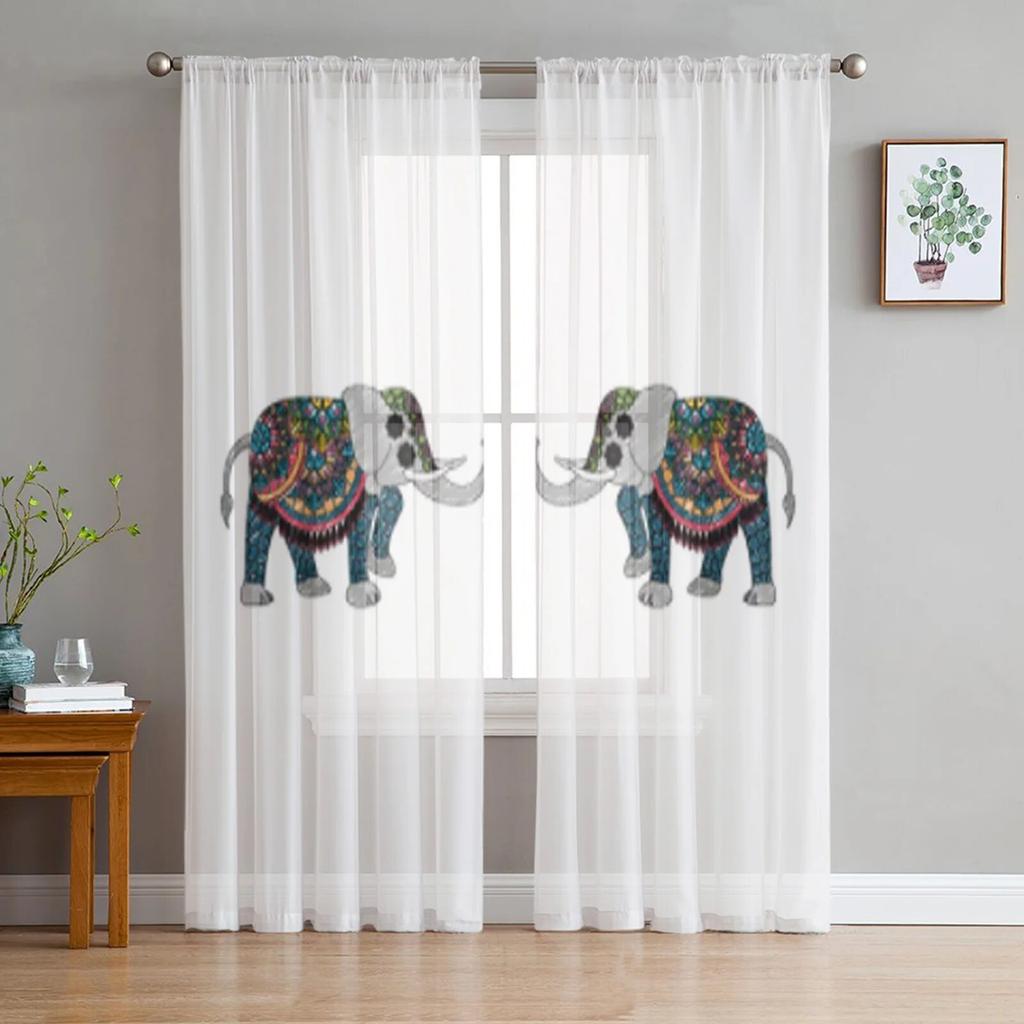 Elephant Hand Drawn Indian Style Sheer Curtains For Bedroom Living Room Tulle Curtains For Kitchen Window Voile Curtains
