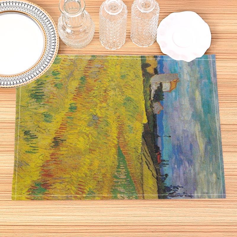Van Gogh Painting Print Linen Dining Table Mats Kitchen Placemat 30X45cm Coasters Pads Bowl Cup Mat