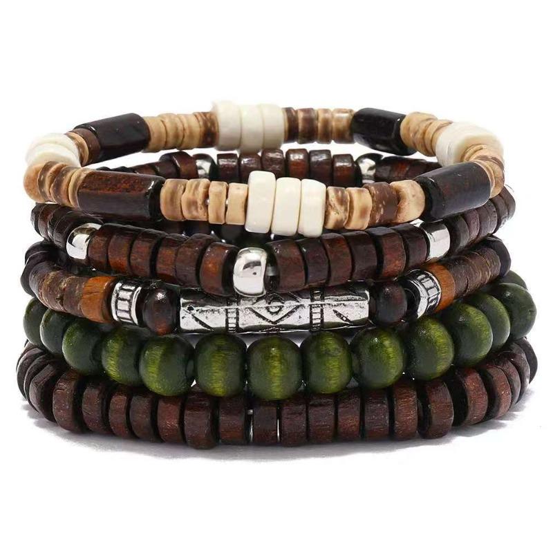 European, American Peace Tree Multi-piece Wooden Bead Beaded Bracelet Retro Simple Men's Personality Stacked Bracelet