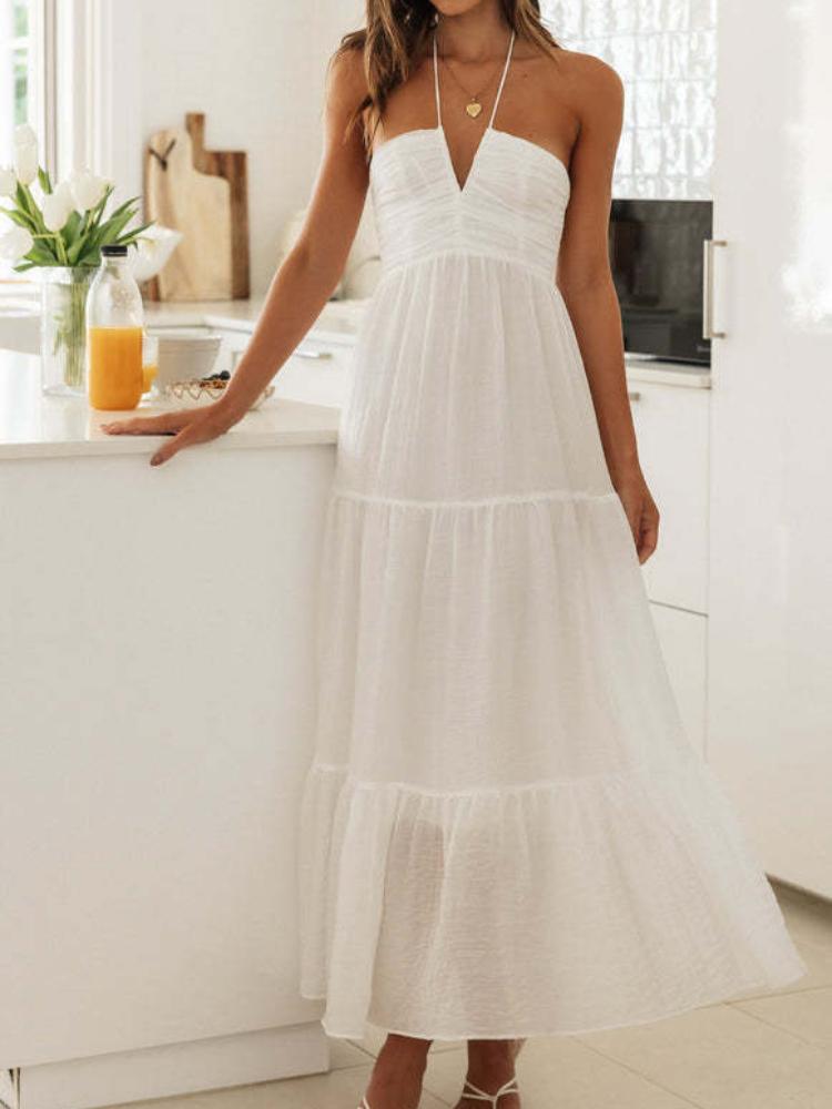 

Макси-платье с запахом, V-образным вырезом и оборкой по подолу, летнее пляжное платье с открытыми плечами для женщин, сарафан в стиле бохо-шик S белый