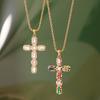 Youthway Vintage Elegant Stainless Steel Geometric Colorful Zircon Imitation Pearl Cross Pendant Necklace Set Women Jewelry Gift
