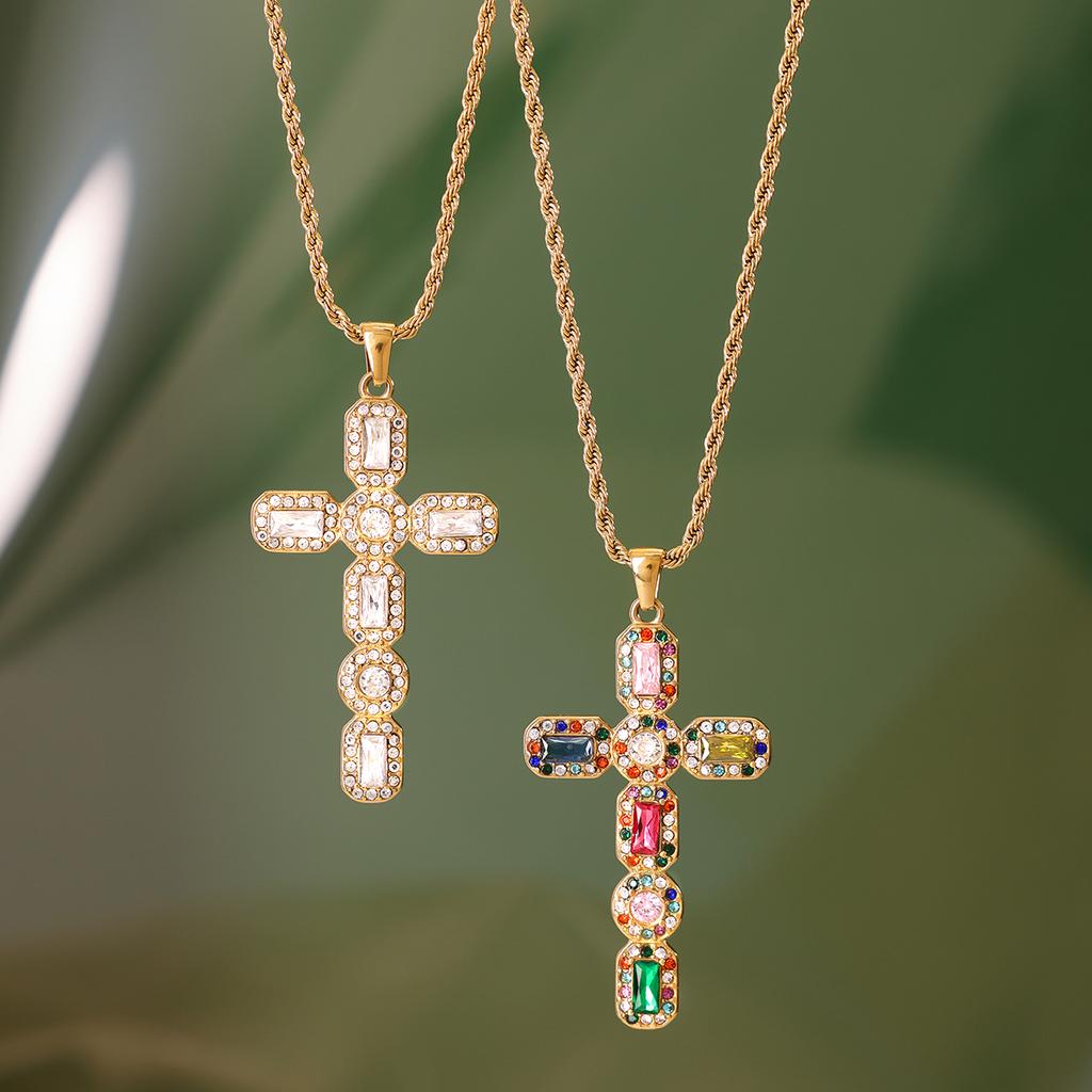 Youthway Vintage Elegant Stainless Steel Geometric Colorful Zircon Imitation Pearl Cross Pendant Necklace Set Women Jewelry Gift