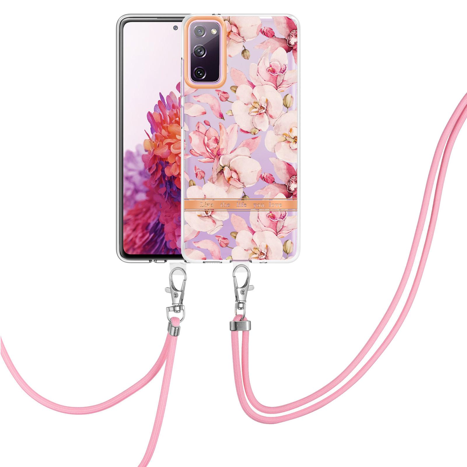 

For Samsung Galaxy S20 FE 2022/S20 FE/S20 FE 5G/S20 Lite Case with Shoulder Strap IMD IML Flower Pattern TPU Back Cover HC005 Pink Gardenia