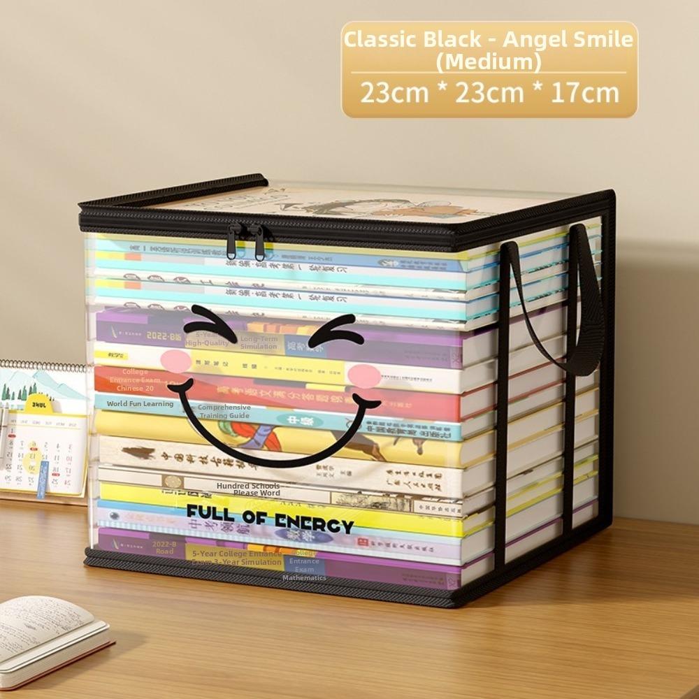 Große quadratische Buchaufbewahrungstasche PVC Transparenter Deckel Design Aufbewahrungsbox Reißverschluss Fröhliches Gesichtsmuster Organizer-Behälter Heimorganisation
