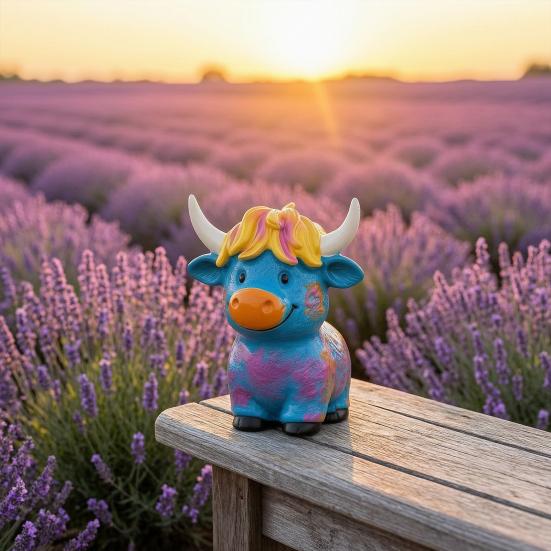 Highland Cow Figurine, Hand Painted Colorful Scottish Resin Statue, Cute Farm Animal Sculpture for Indoor Outdoor Home Garden Shelf Decor