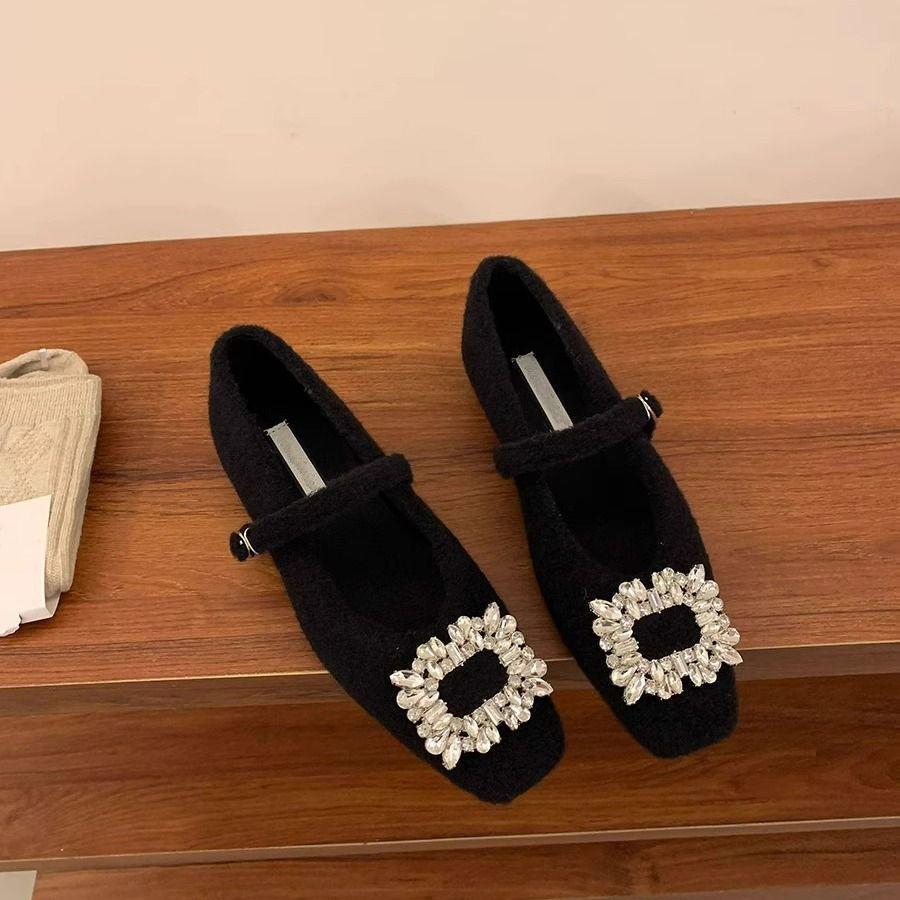 Rhinestone Square Head Velvet Mary Jane Single Shoes 2025 Autumn and Winter French Low-heeled Black Evening Women's Shoes Fluffy Shoes