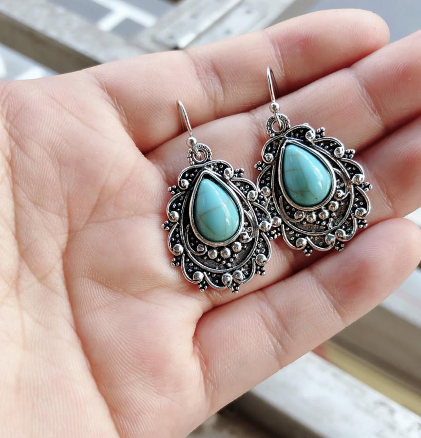 Turquoise Water Drop Earrings: European & American Retro Thai Silver Design