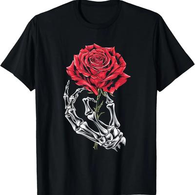 Camiseta Fofa Mão de Esqueleto Flor Rosa Vermelha Halloween