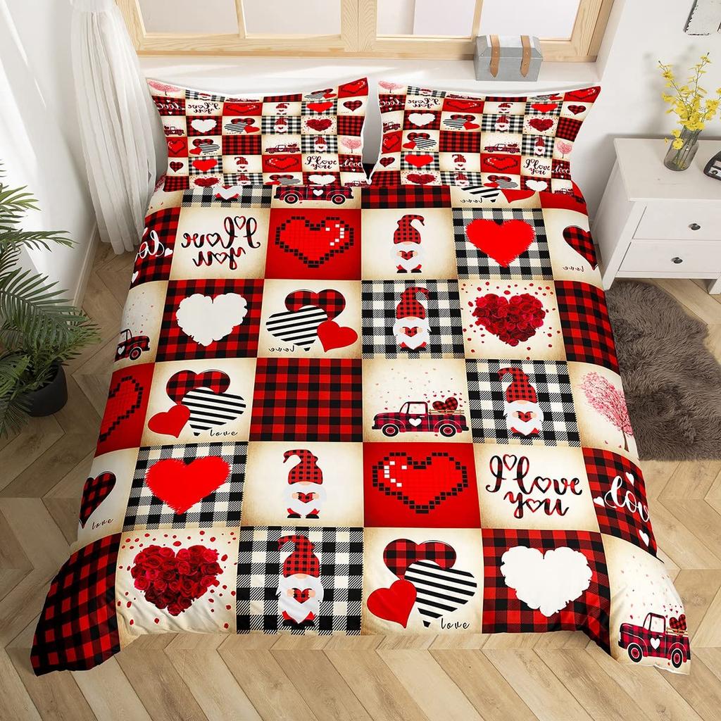Valentines Day King Duvet Cover Romantic Bedding Set Kawaii Couple Gnome Comforter Cover Pink Rose Hearts Polyester Quilt Cover
