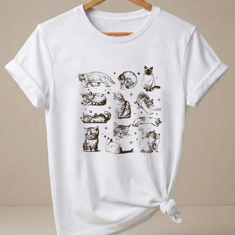 Funny Cats 90s Printed Tshirt Unisex Casual Short Sleeve Tshirt Round Neck Comfortable T Shirt Y2k Tee Unisexs Clothing