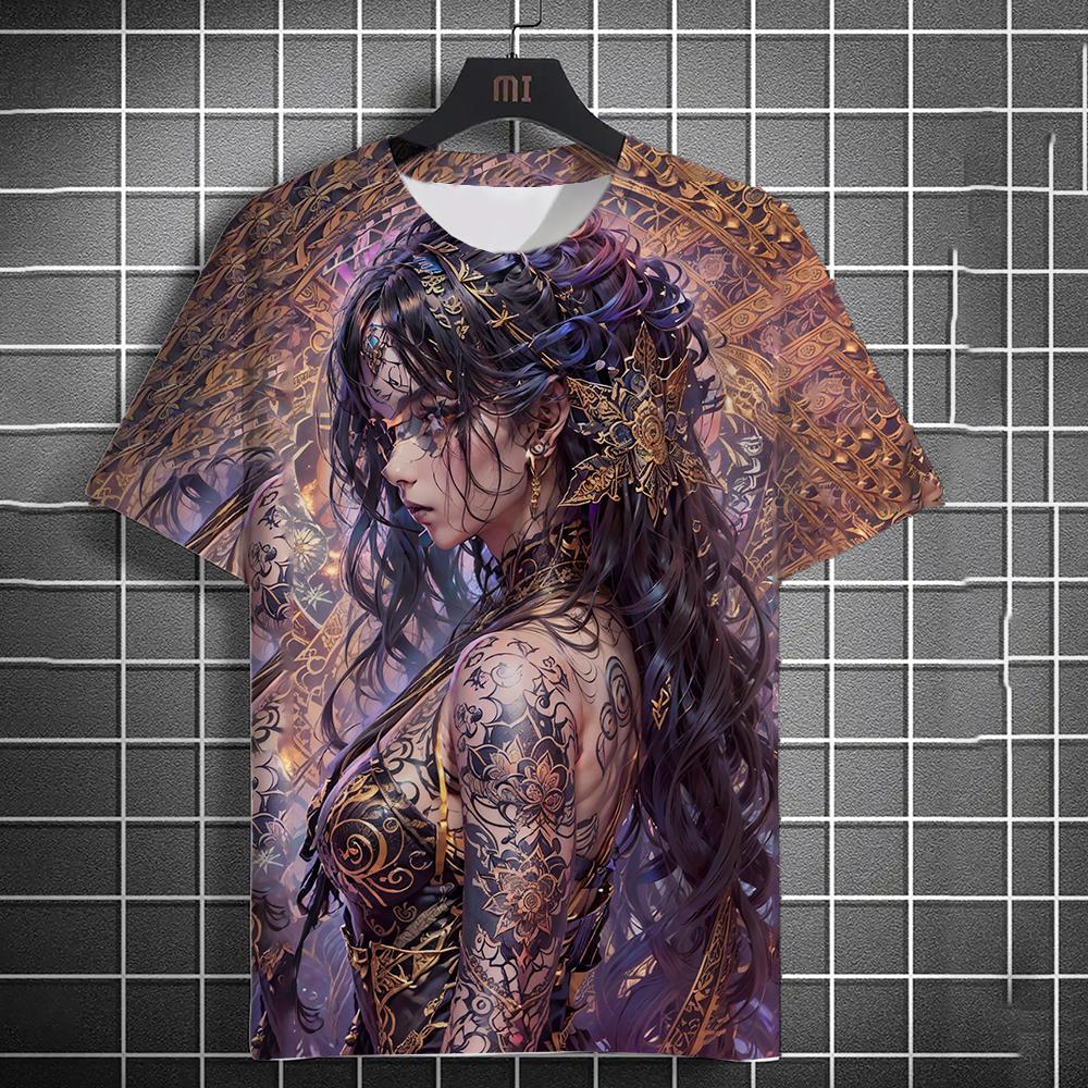 Camiseta masculina com tatuagem nas costas de deusa de anime, camiseta feminina impressa em 3D, camiseta casual solta de manga curta, camiseta masculina para casa Y2k, roupas tops