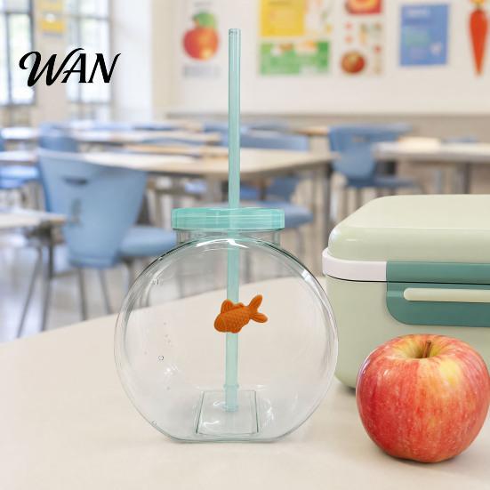 Orange Fish Straw Cup Bowl Bottle with Straw, Plastic Fishbowl Tumblers Lids, Unbreakable Ornament Cups Spill Resistant for Drinks Summer Drink,