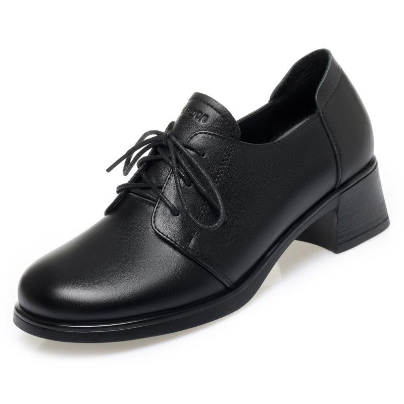 Chunky Heel Lace-up Leather Shoes New Style Genuine Leather Middle-aged Women s Shoes Black Spring and Autumn Single Shoes Soft Sole 35 5430₽